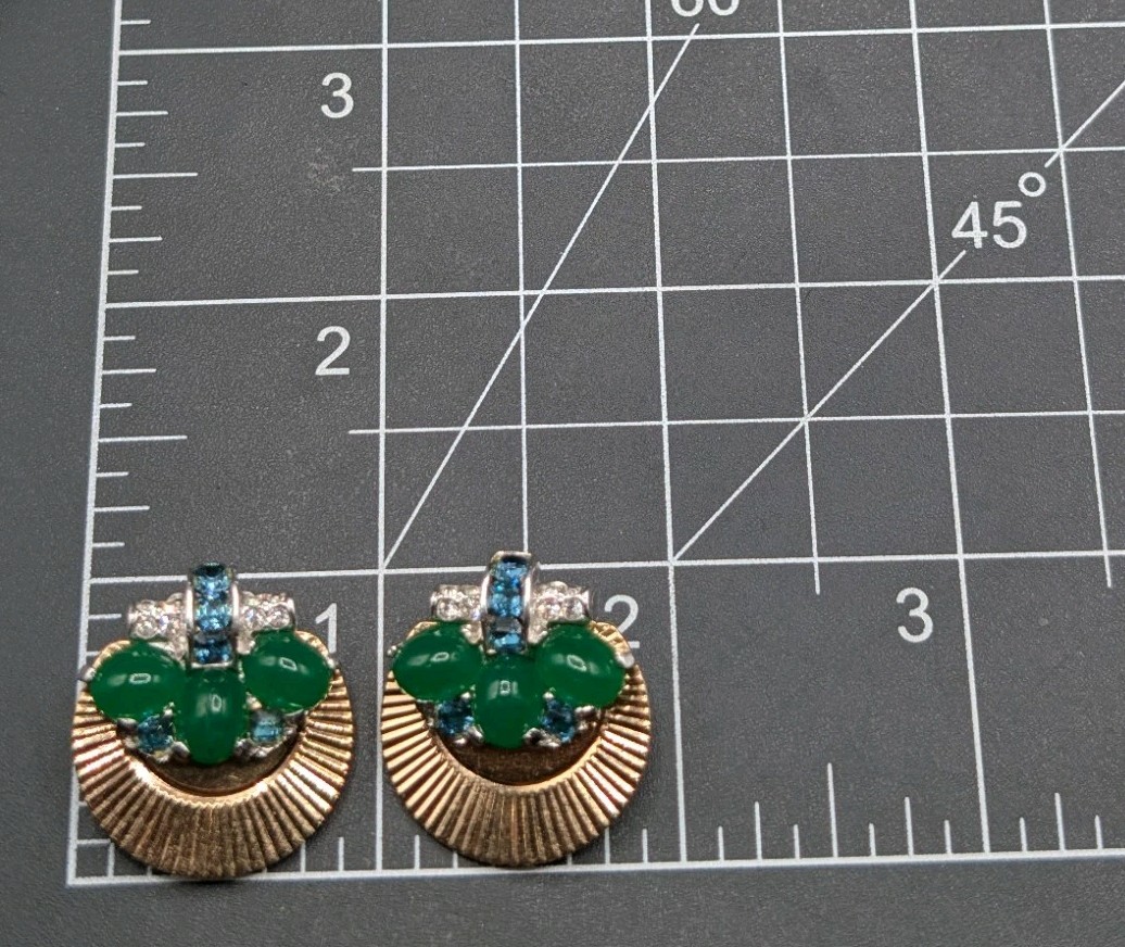 BOUCHER Signed Marcel Green Blue Clear Rhinestone Gold Tone Clip Earrings ⚠️READ