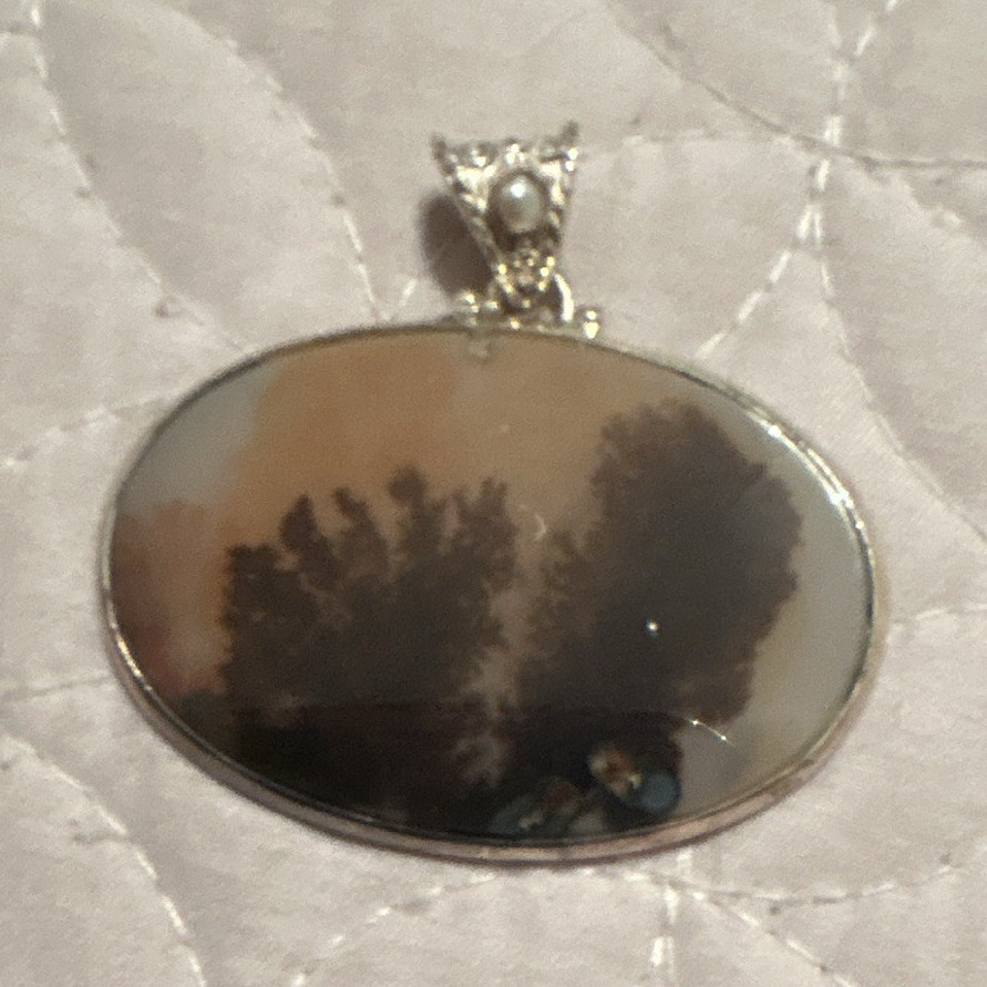 Silver Tone Oval Charm Pendant, Bezel Set, Silver Metal, Brown/Silver