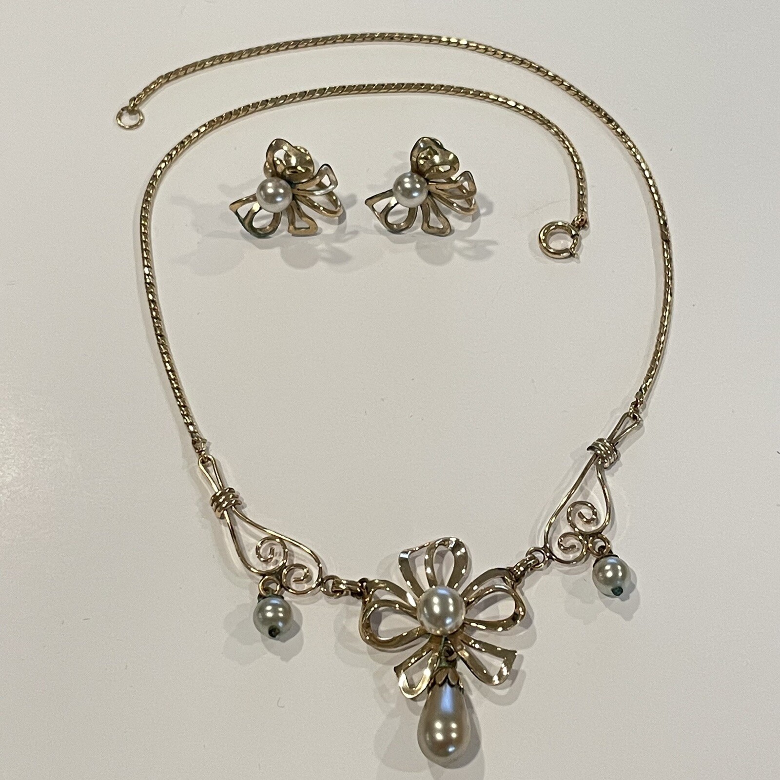 Vintage Van Dell 12k Gold Filled Bow Necklace And Earrings Set Pearls