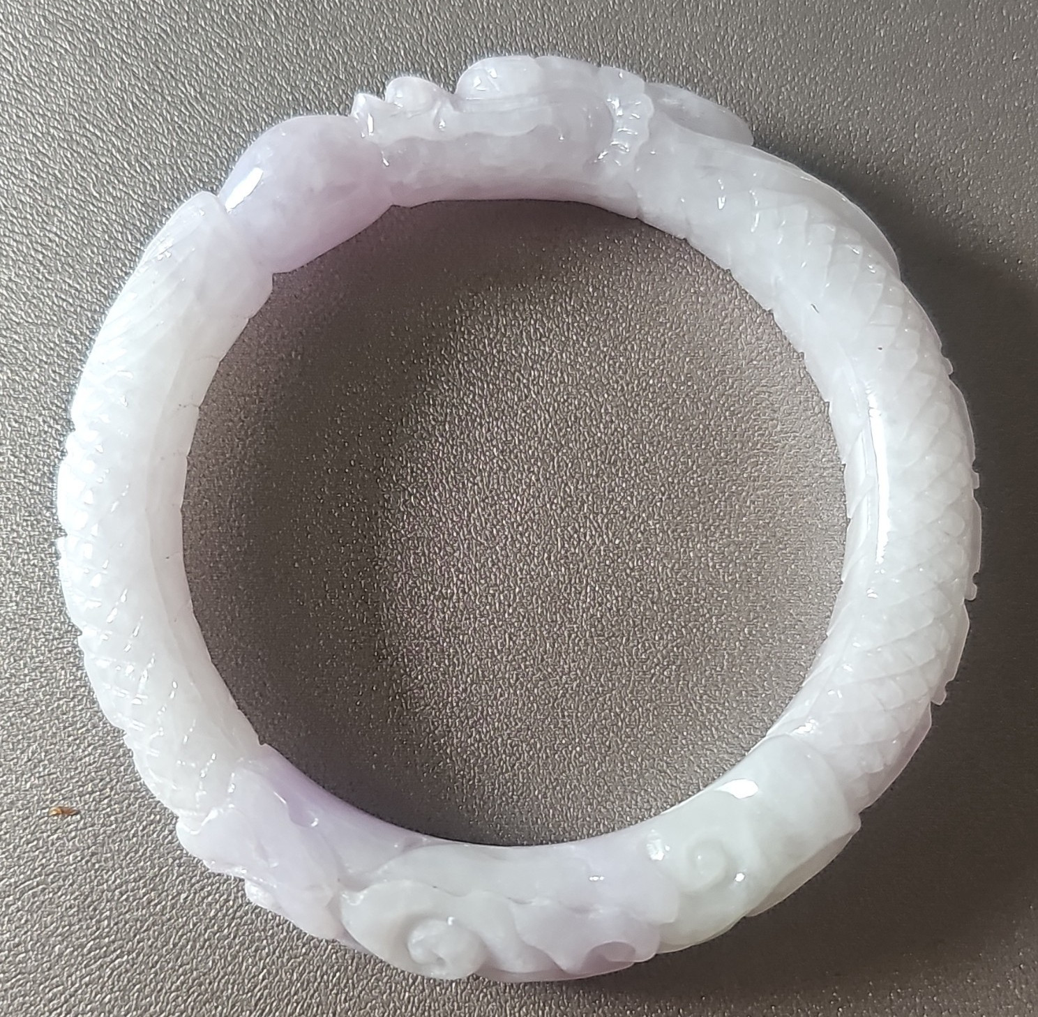 White & Purple Jade Dragon Engraved Round Bangle Bracelet w/ Certificate Card