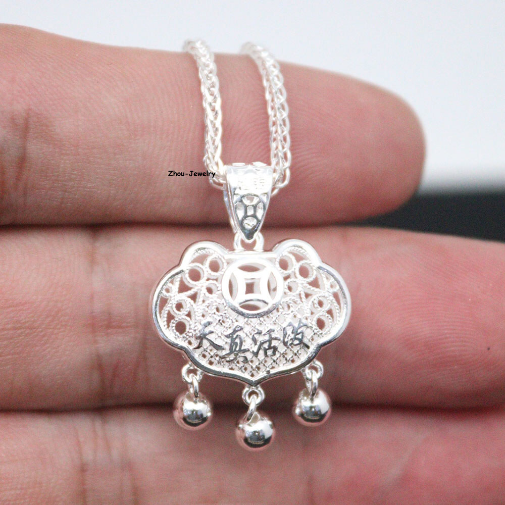 Pure S999 Sterling Silver Pendant Women Hollow Lock Tassels Pendant 4-5g 24*18mm