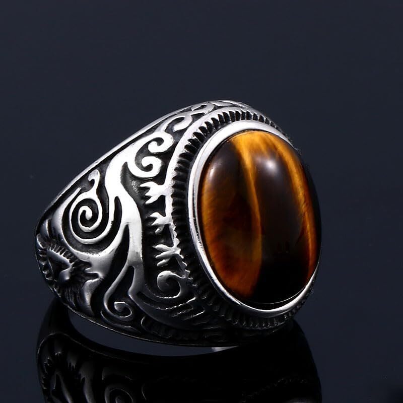 Stainless Steel Retro Tiger Eye Stone Ring,Black Onyx Oval More Color Stone Ring