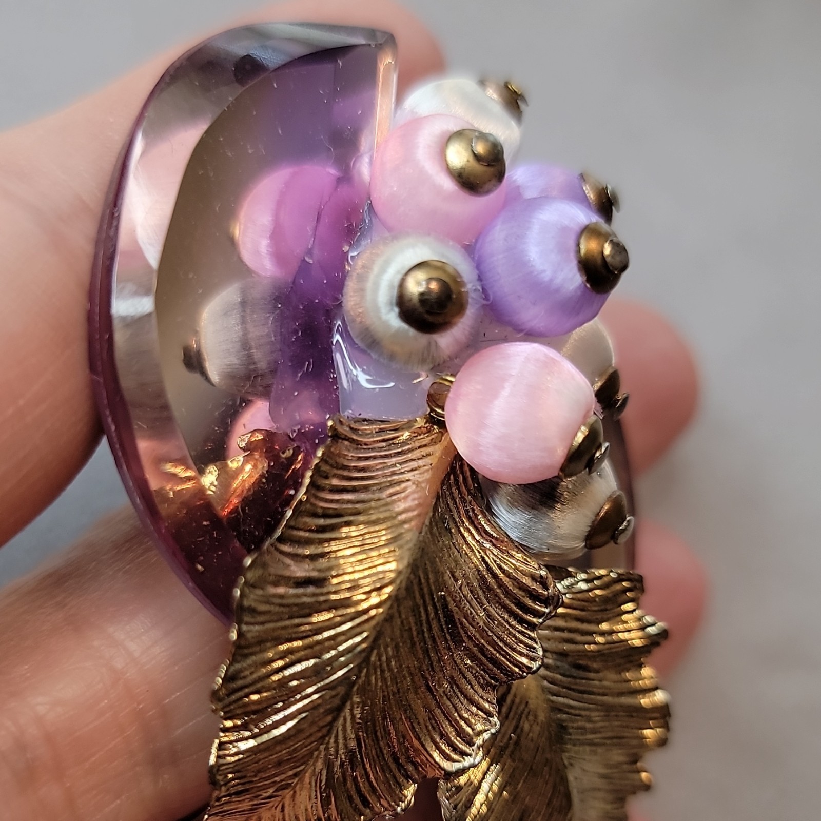 Vtg 1950s Lavender Mirror Back Brooch Satin Silk Thread Wrapped Berry Grape Pin
