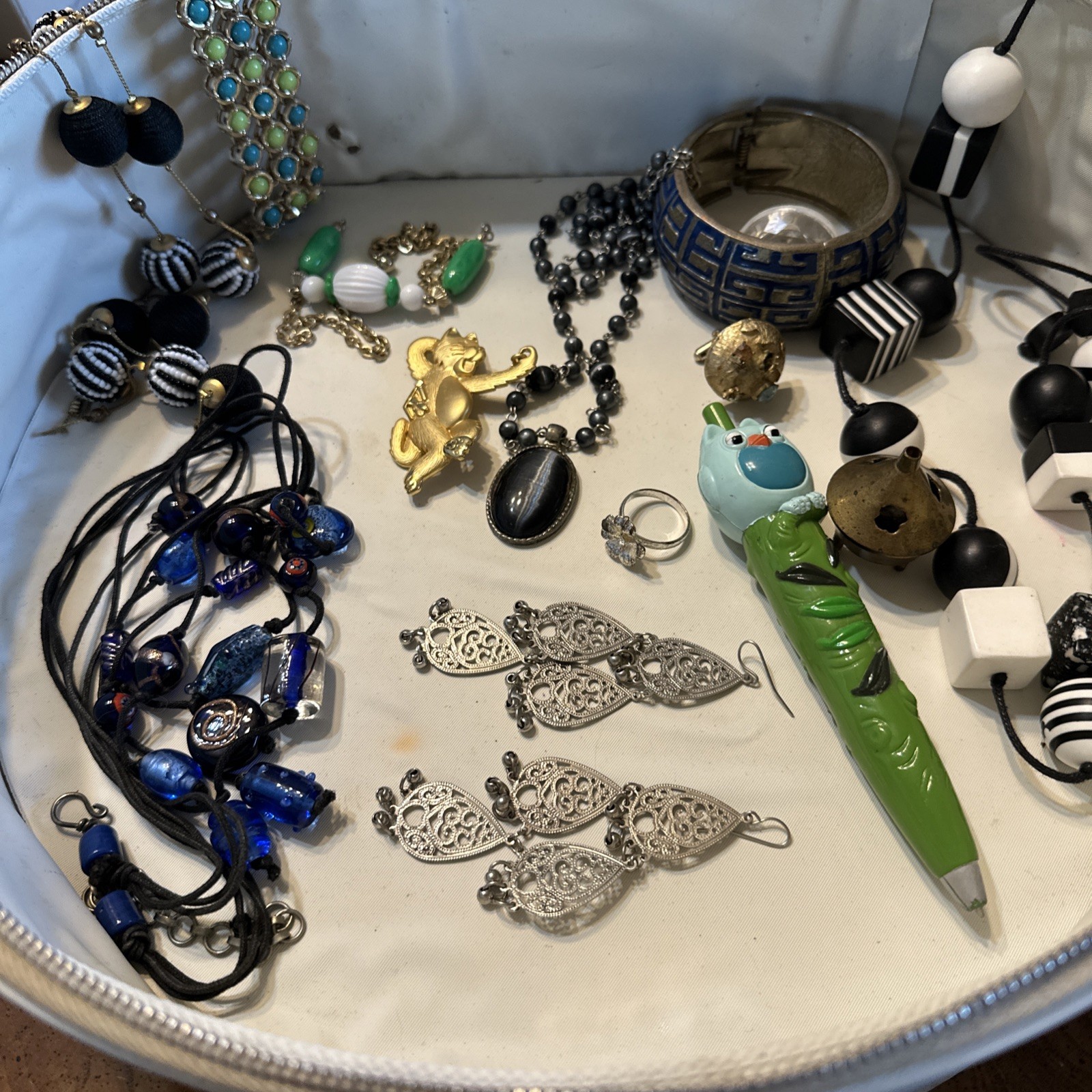 Vintage Jewelry Lot w/ Mod Hard Shell Suitcase Black White Retro Mix Purse Prop
