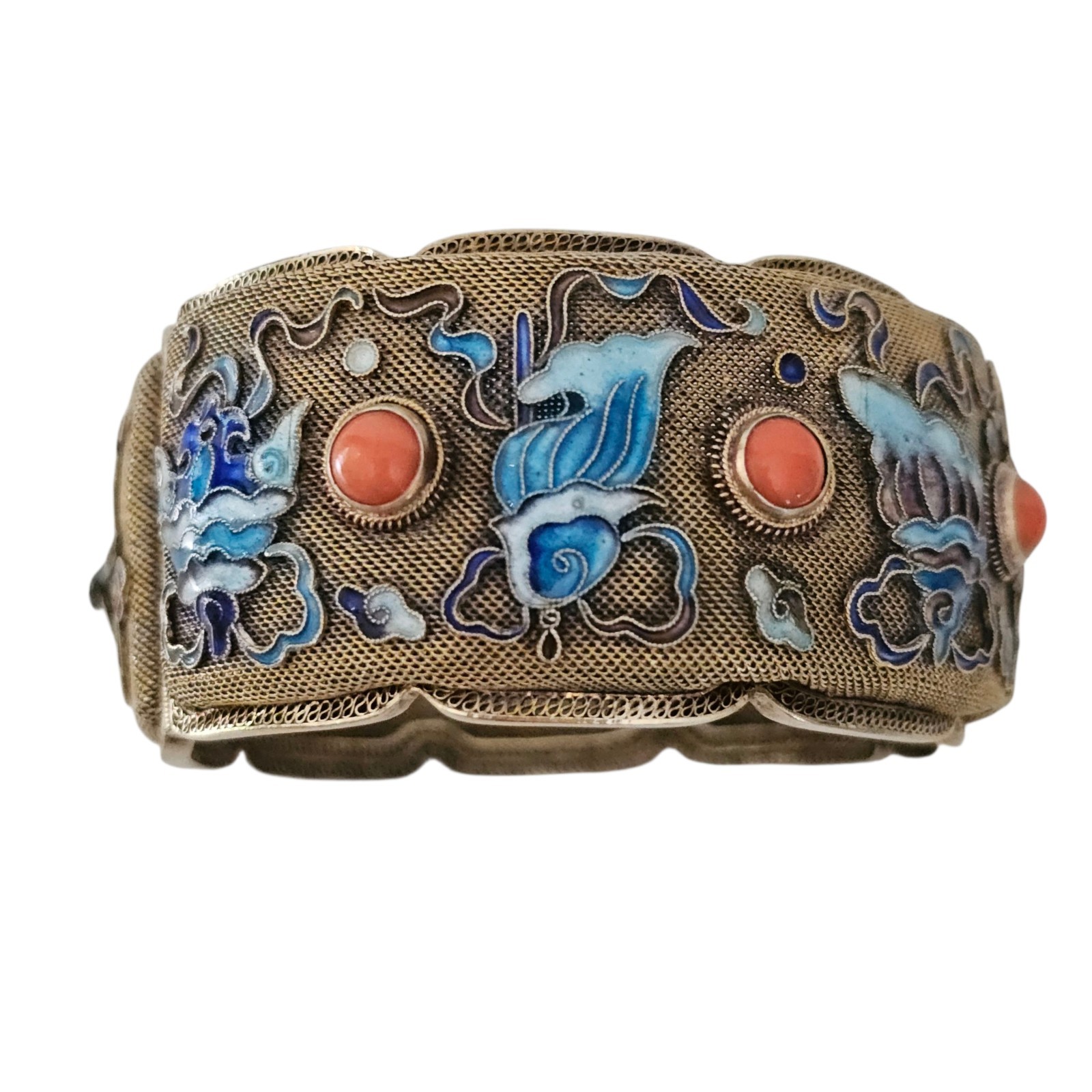 Vintage Chinese Export Bracelet Enamel Gilded Silver Mesh Filigree Coral