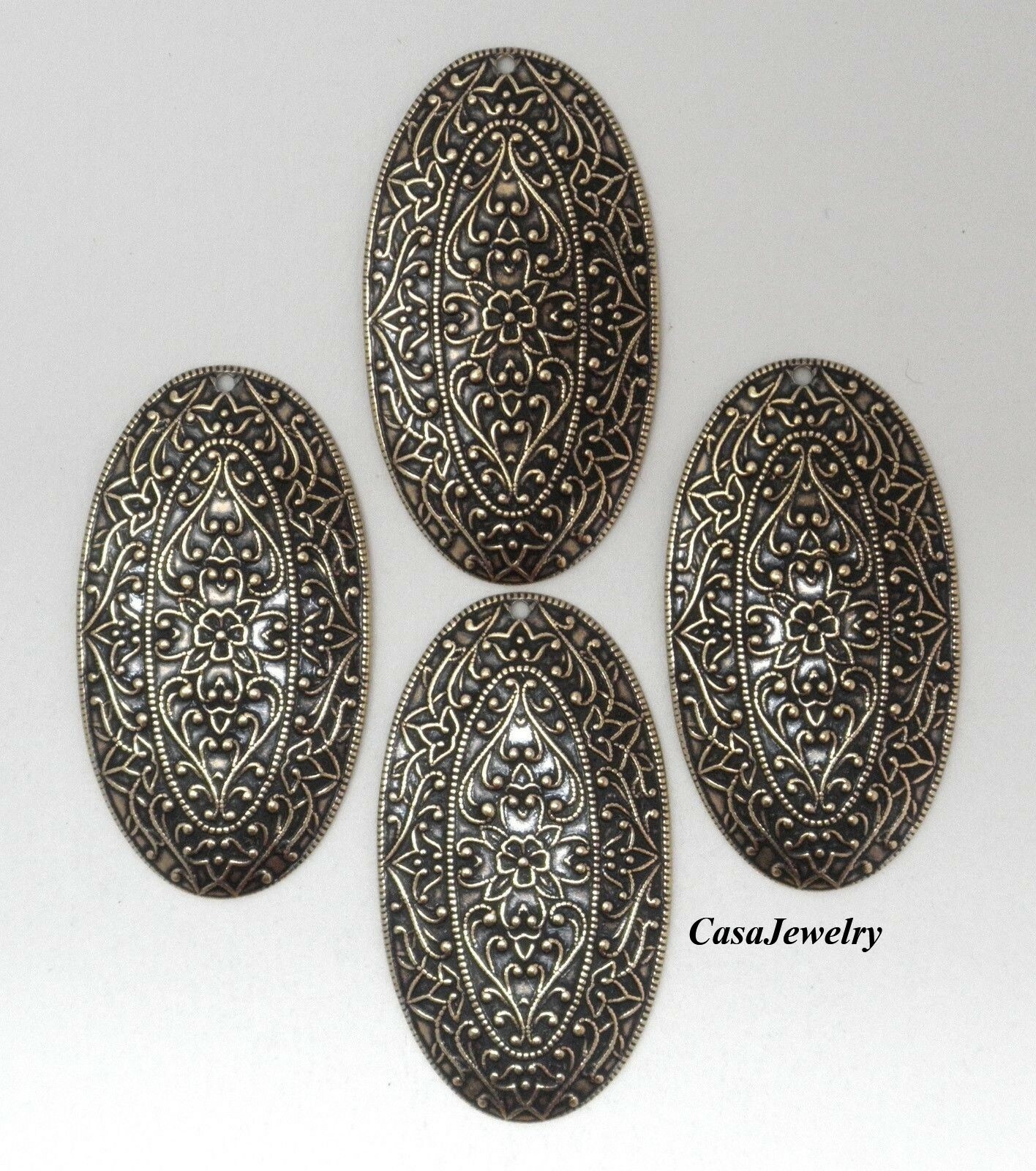 #0165 ANTIQUED GOLD OVAL FILIGREE W/TOP HANG HOLE – 4 Pc Lot