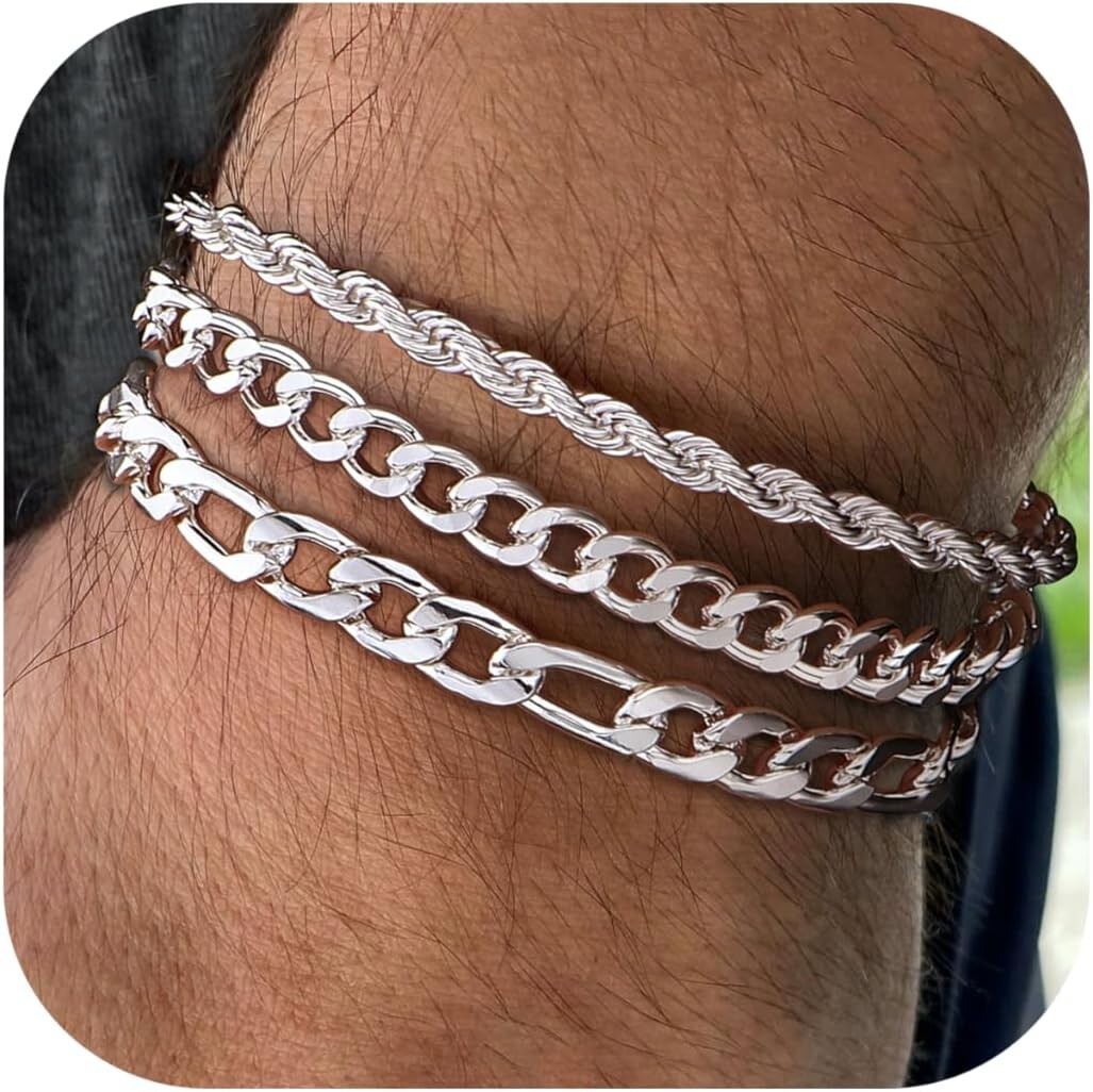 Chain Bracelets 3Pcs Men Stainless Steel Figaro Rope Cuban Link 8.3″L -Silver