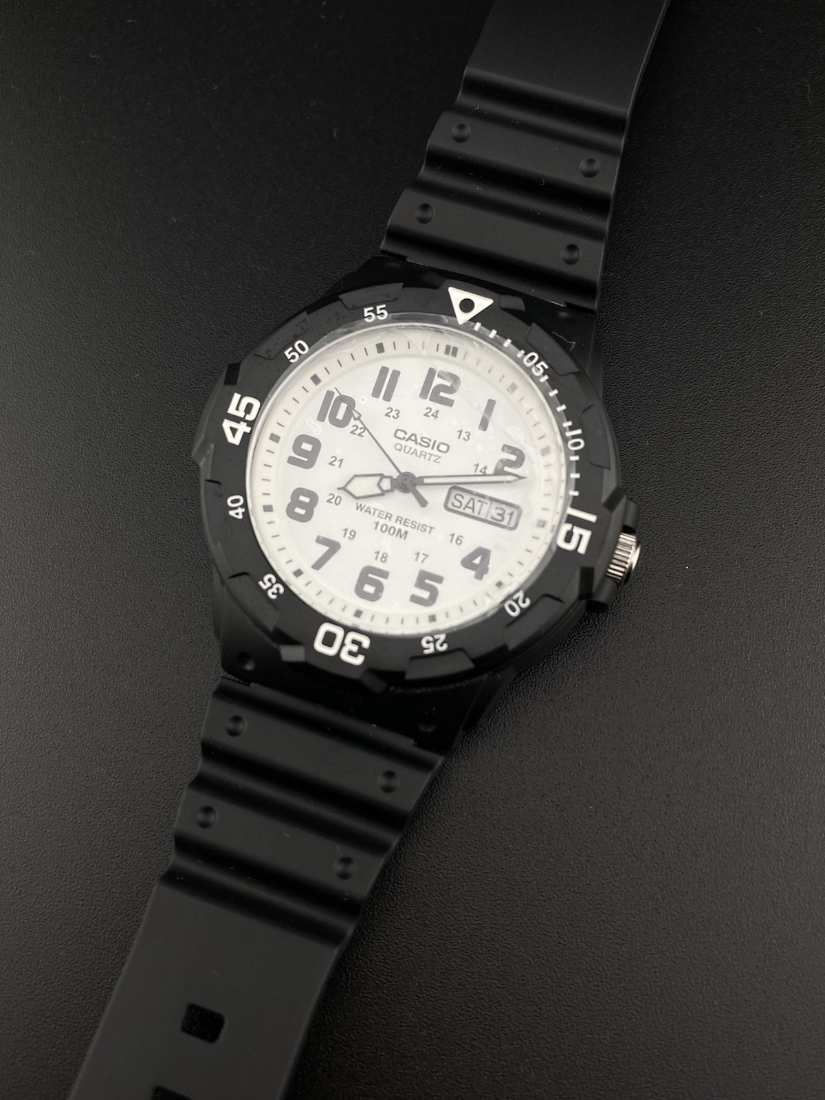 Casio White Round Day Date Dial Black Band Sport Diver Style Men’s Watch