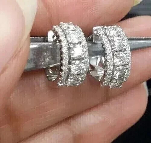 3Ct Round Real Moissanite Women’s Huggie Hoop Earrings 14K White Gold Plated