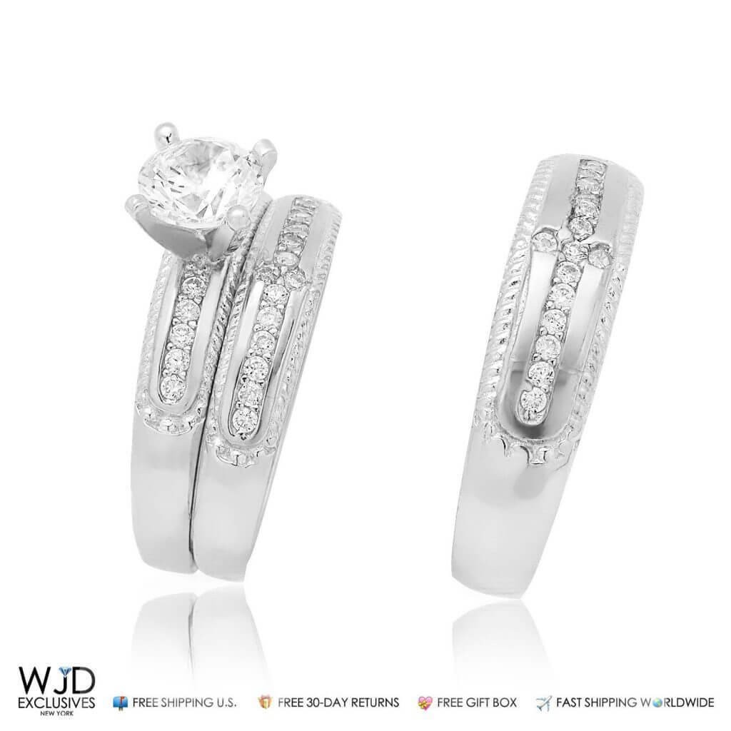 1.60CTW Simulated Diamond 14K White Gold 3-Piece His Hers Bridal Ring Set