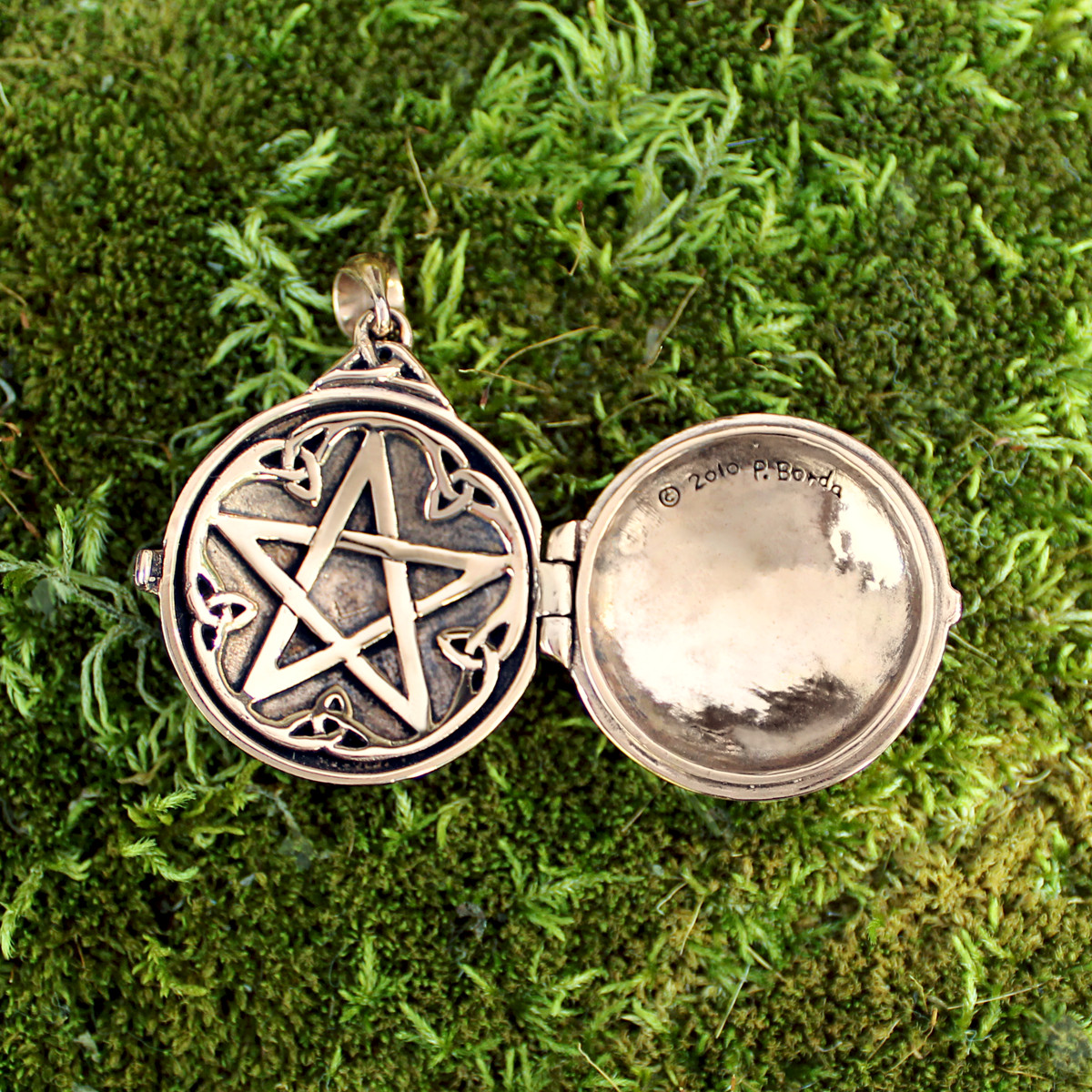 Bronze Celtic Swirl with Hidden Pentacle Locket Wicca Pentagram by Dryad Design