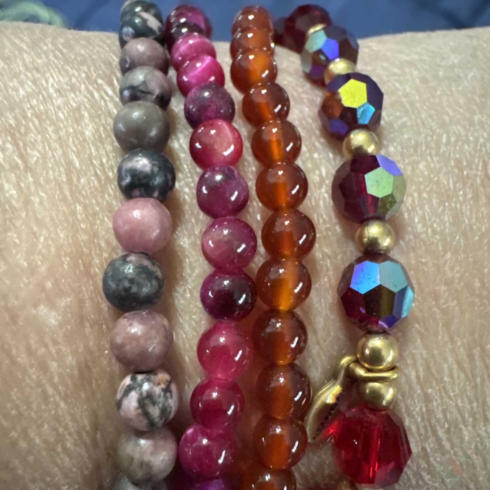 Beaded Gemstone Stretch Bracelets, Set Of 4- Red, Pink, Orange…Approx 2-3mm