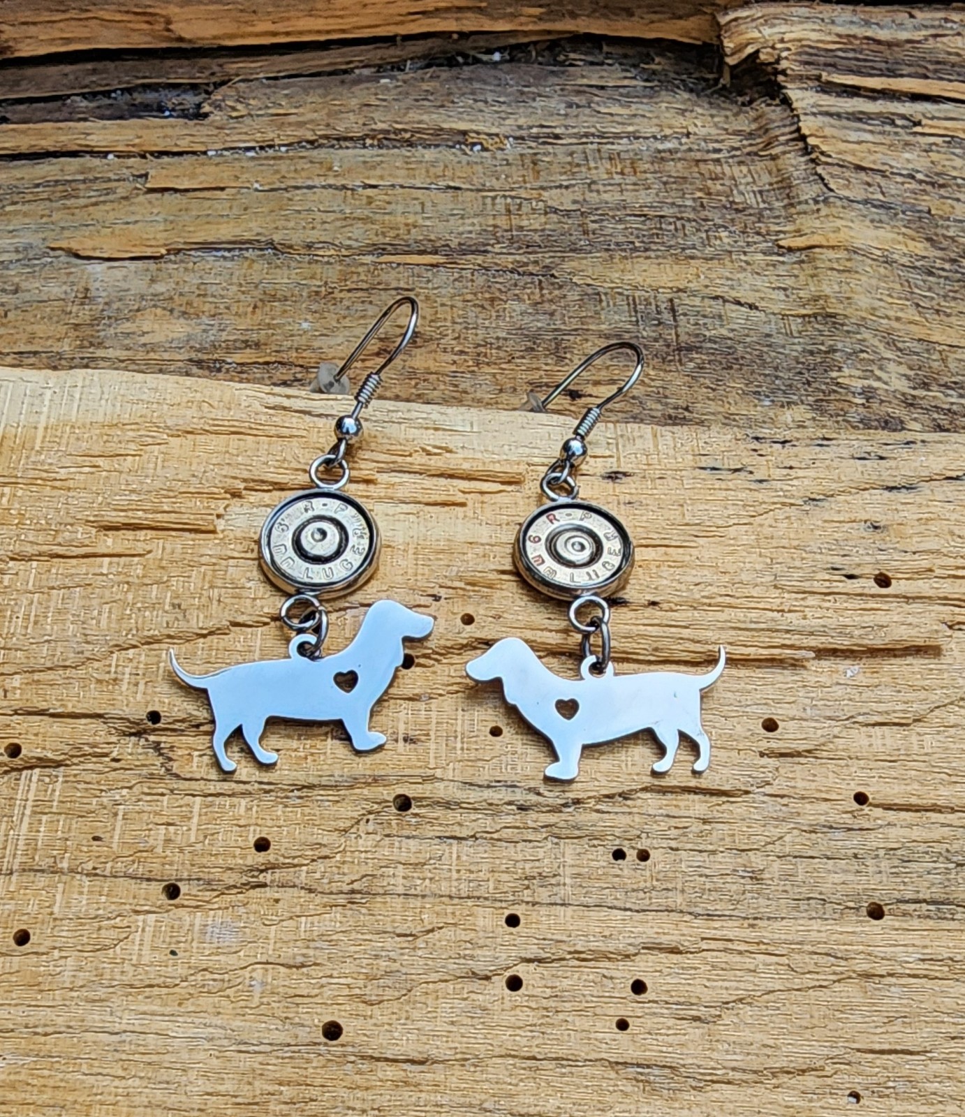 Stainless Steel Bullet Earrings with Dachshund Charms. Optional Crystals.