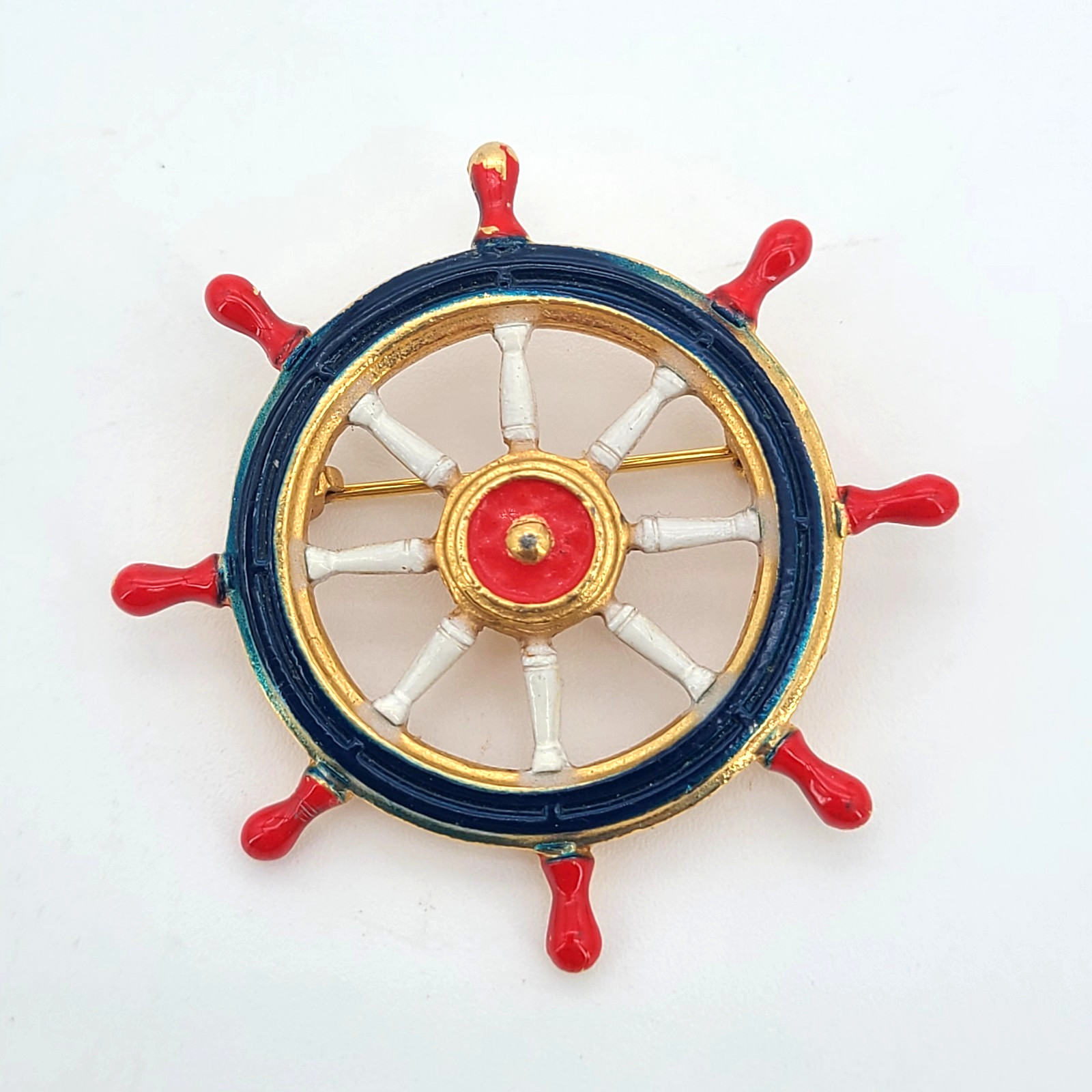 Vintage Nautical Ship Wheel Brooch Pin Enamel Gold Tone Maritime 2″ Americana