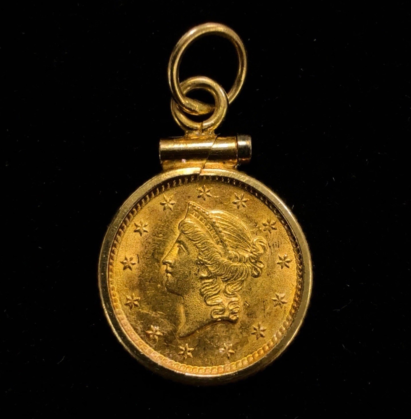 1853 US $1 Gold Liberty Head Coin in 14k Yellow Gold Coin Edge Bezel Pendant