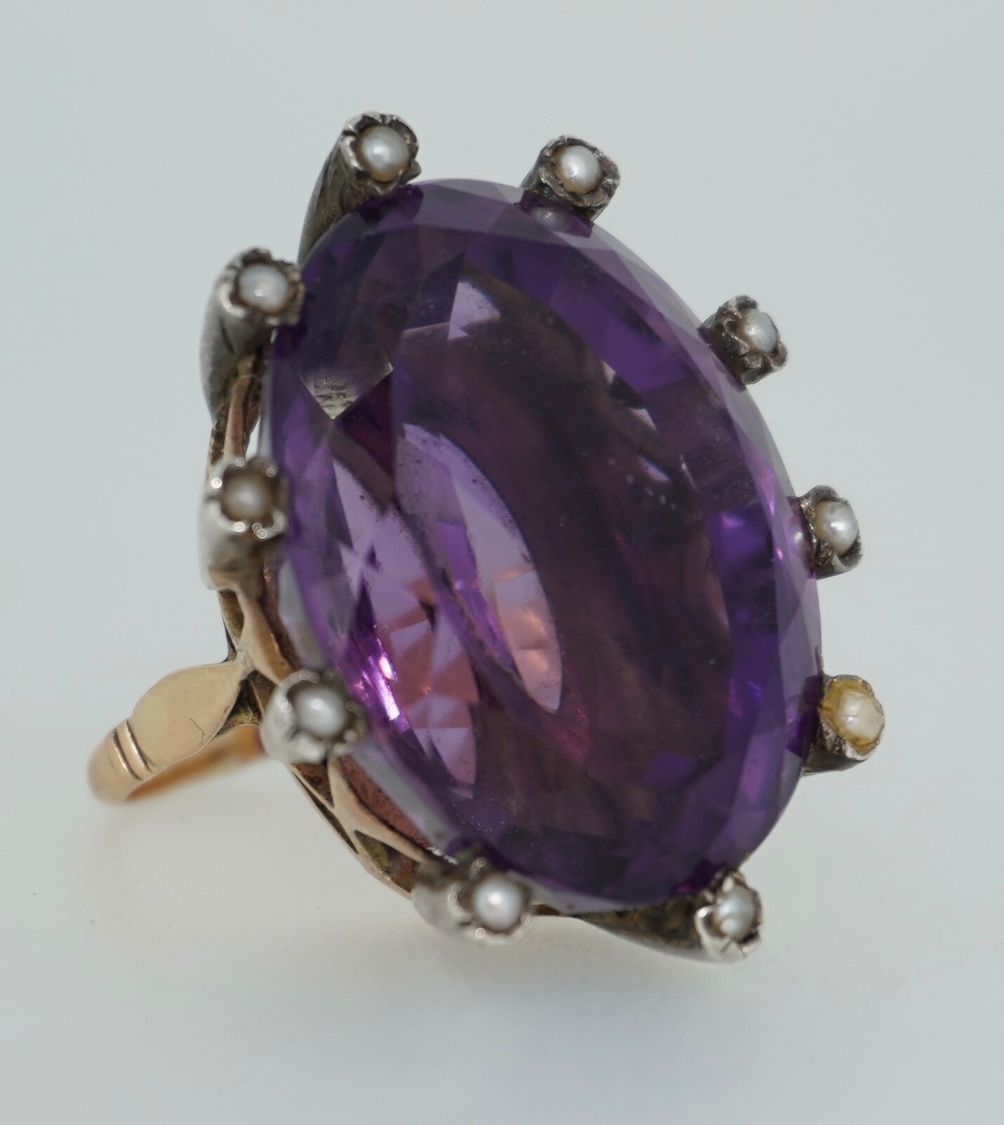 Antique 14K & Silver 43 Carat Amethyst & Seed Pearl Cocktail Ring