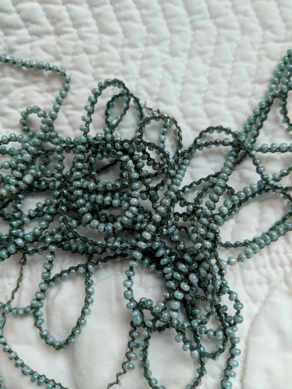 VINTAGE Aqua Green Iridescent Glass Seed Bead Strand Attached to String
