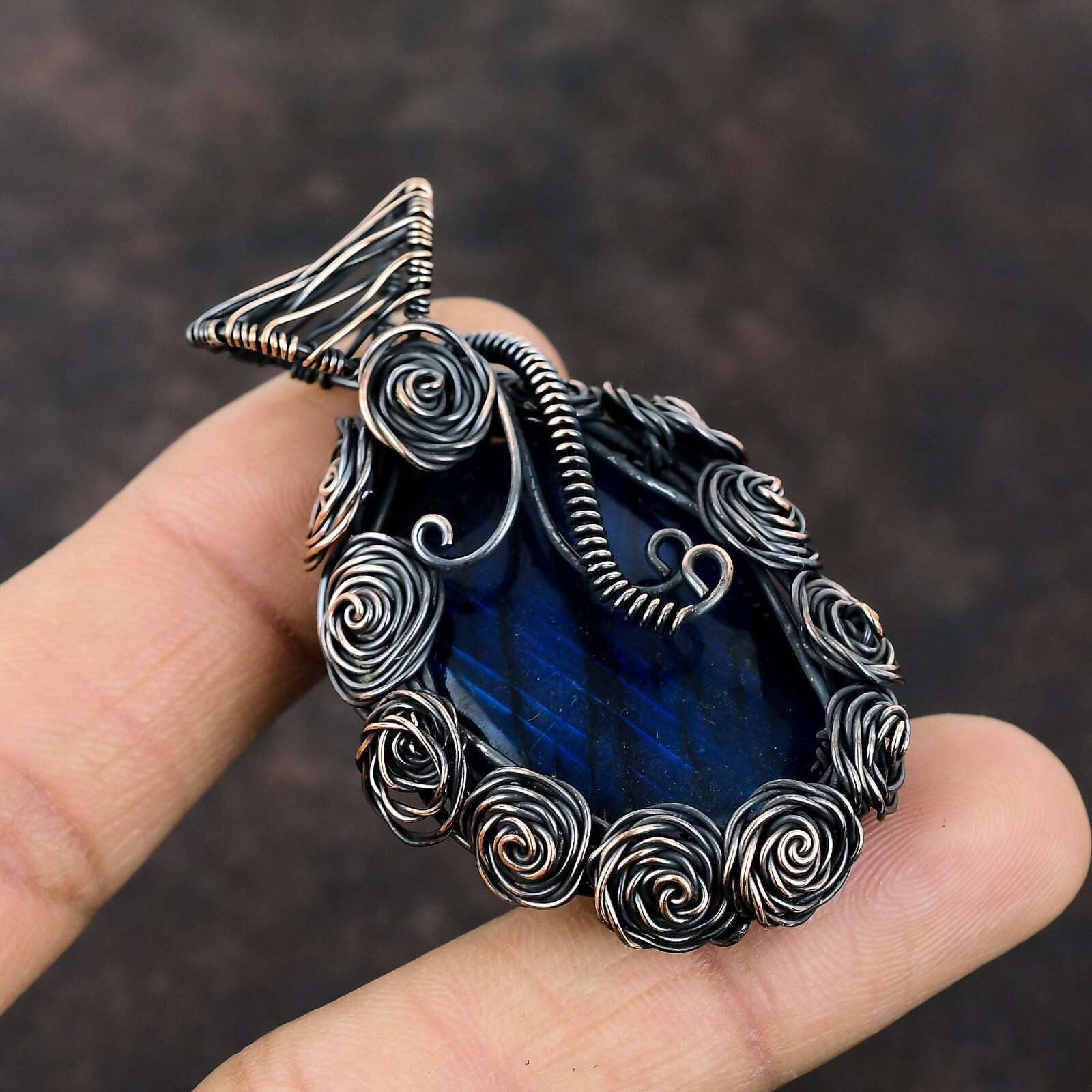 Blue Fire Labradorite Copper Gift For Mum Wire Wrapped Flower Pendant 2.56″