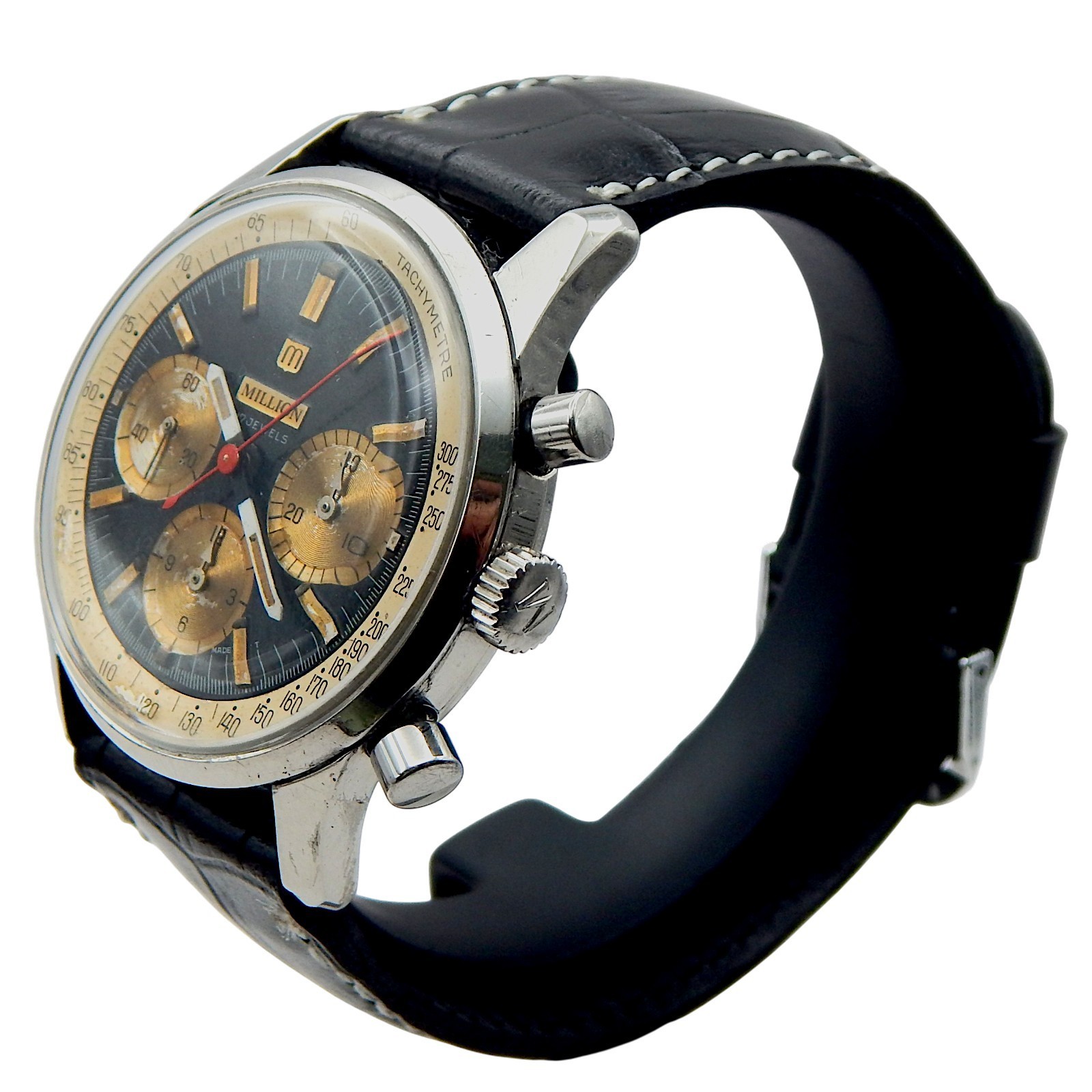 Vintage MILLION Valjoux 72 Chronograph Column Wheel Black Gilt Dial Serviced