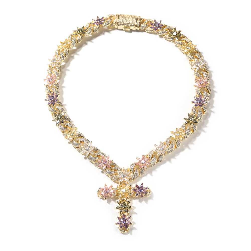 Bling Rainbow Colored CZ Floral Cross Necklace Heavy Gold Plated Hip-hop Chain