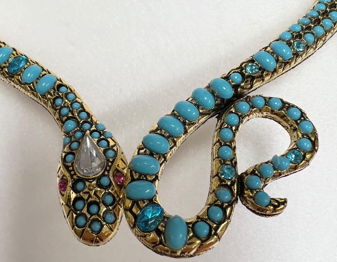 Blue Topaz Turquoise Rhinestone Snake Necklace Wrap Victorian Egyptian Rev. Faux