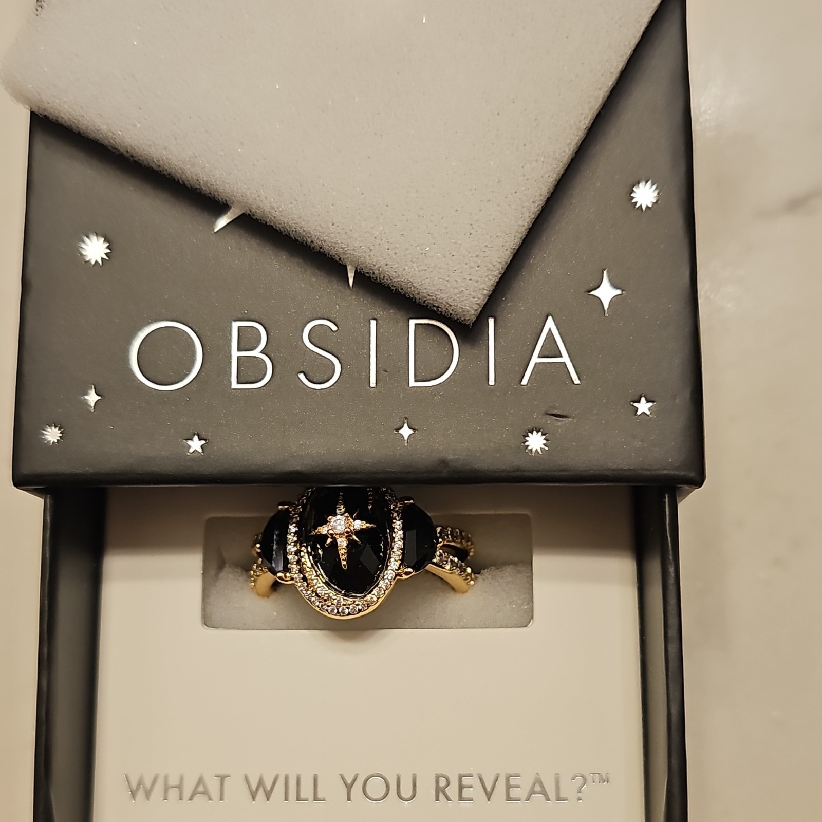Obsidia Gold Plated Black Obsidian Oval Starburst Cocktail Ring Size 9 RG24124