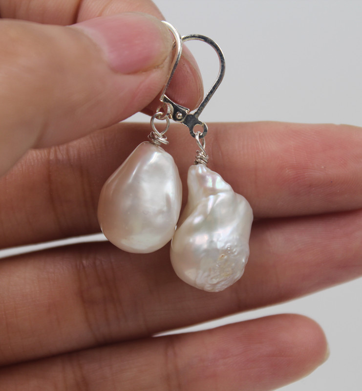 Natural 12×14 White Unusual Keshi Keishi Drip Baroque Pearl leverback Earring