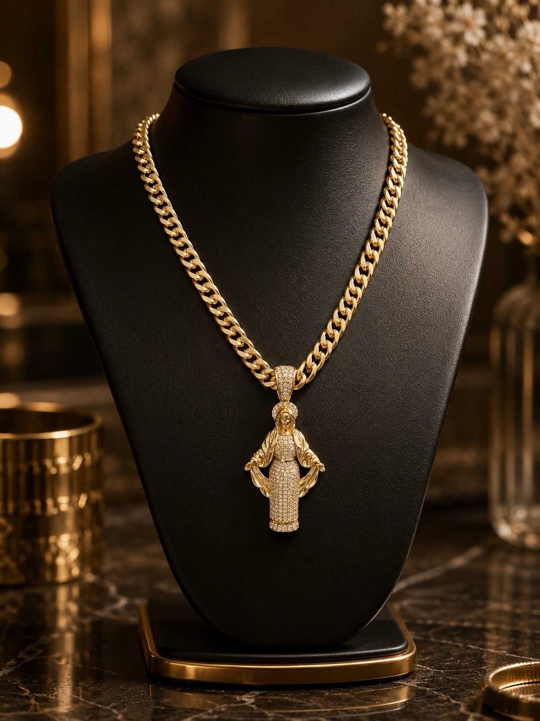 Gold plated none tarnishedCuban Link Chain Religious Necklace w/ Rhinestone