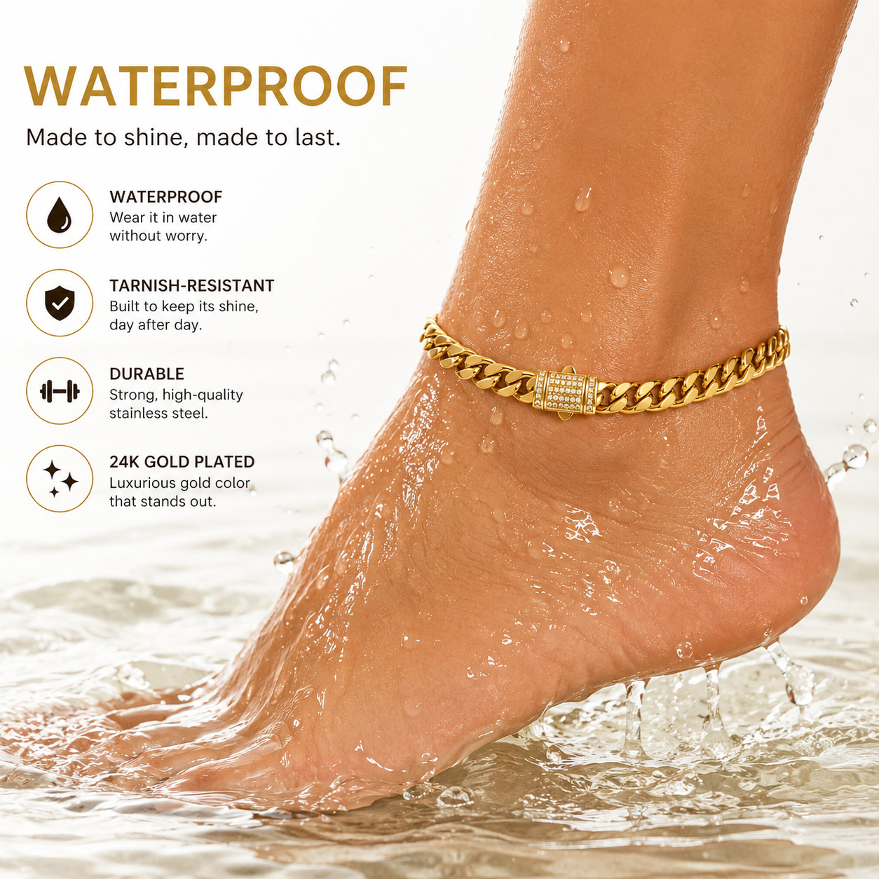 24K Gold Plated Stainless Steel 6,8mm Monaco Lock Cuban Chain Anklet 9-12 inches