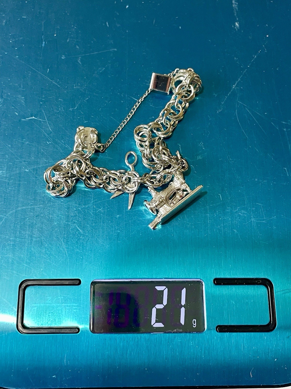 Vtg Sterling Silver Double Link Charm Bracelet 7″ 21g 1950’s Moving Scissors Gun