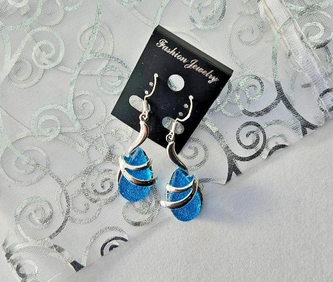 Handcrafted Fused Turquoise Teardrop Dichroic Glass Earrings Silver Cage