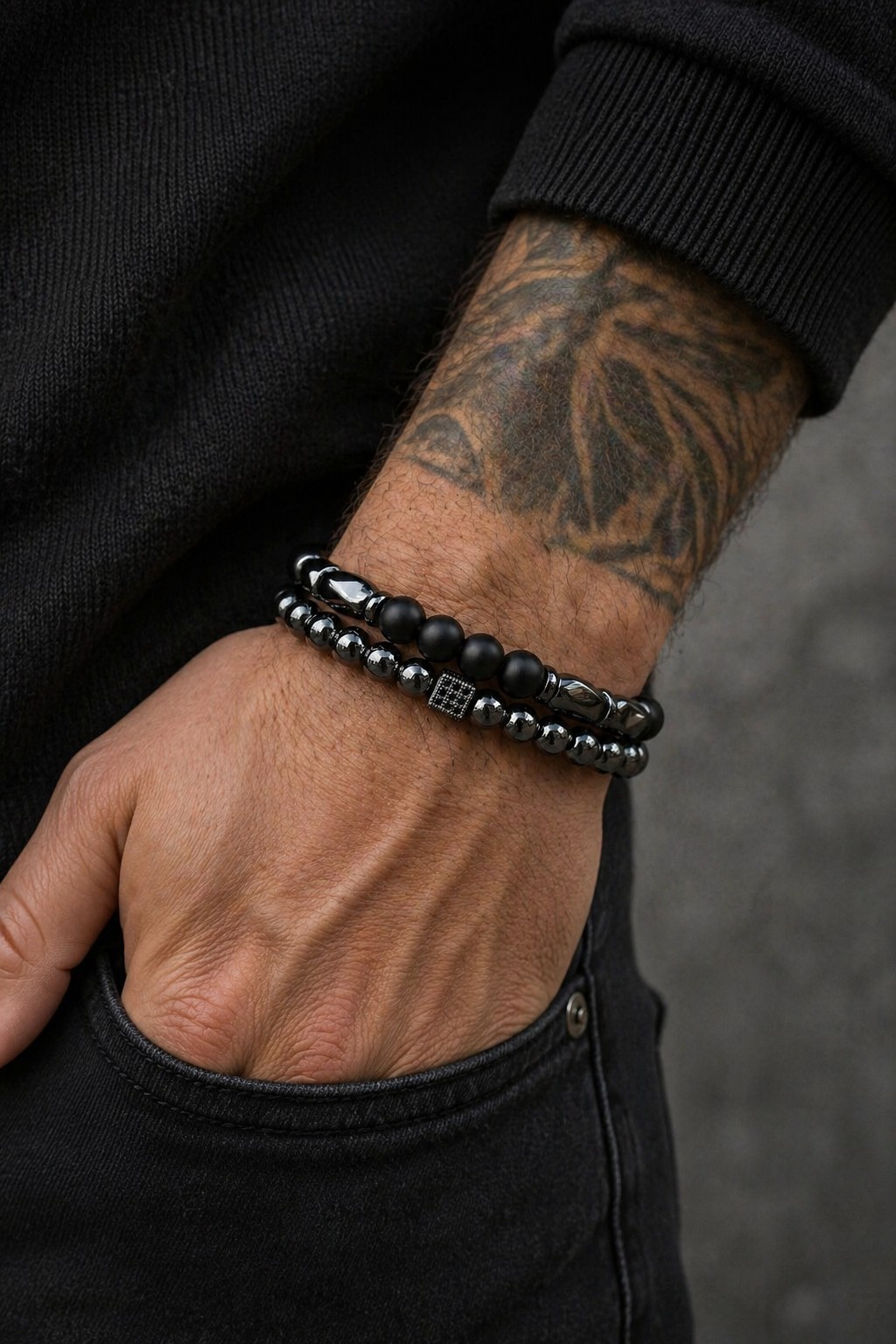 Men’s Natural Hematite Beaded Bracelet Black Stone Stretch Jewelry