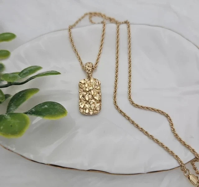 Men’s 14K Yellow Gold Plated Nugget Small Dog Tag Pendant 24″ Chain Necklace