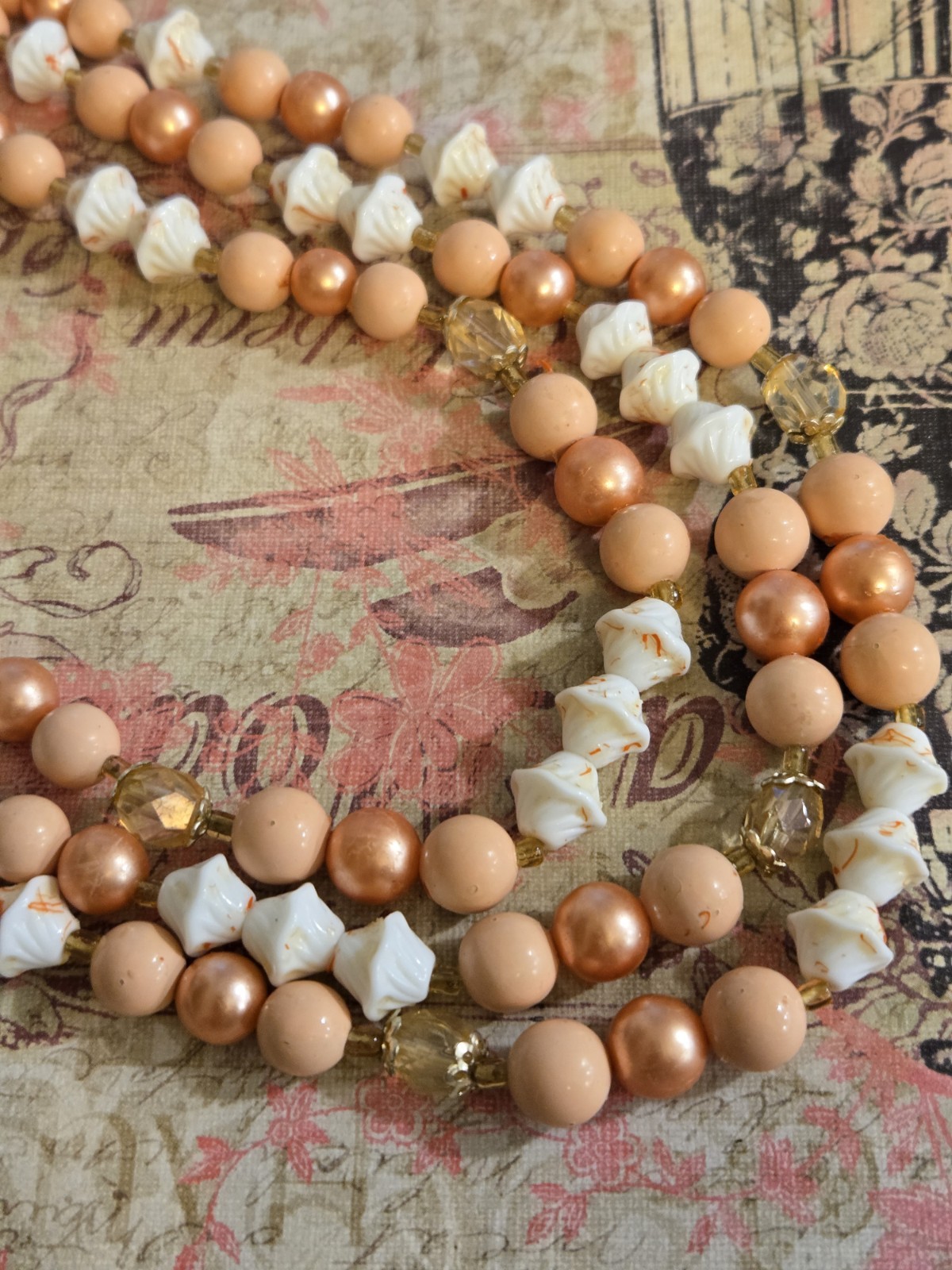 Vintage Japan Triple Strand Bead Necklace with Gold Tone Peach & Cream 19 In