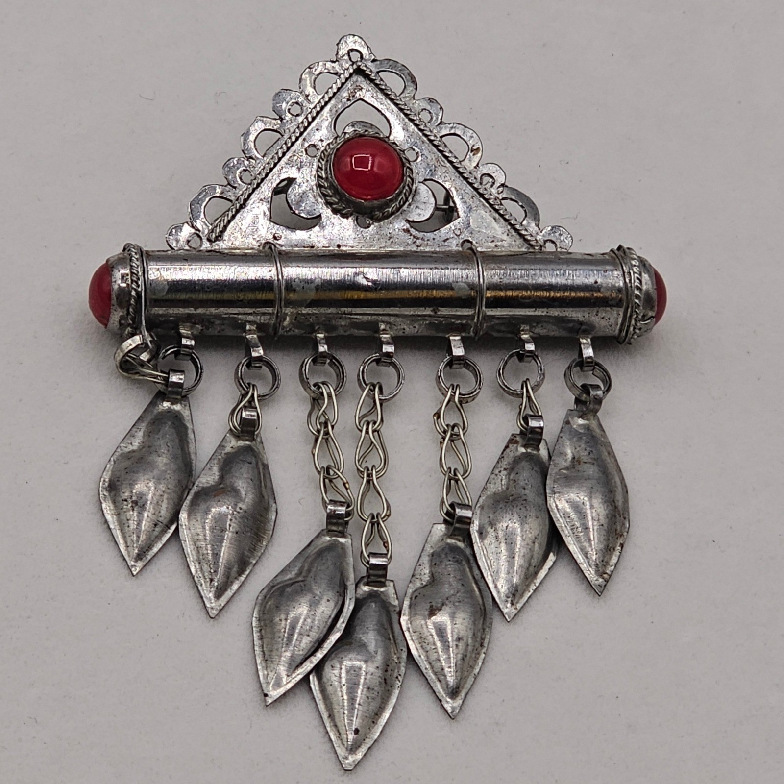 Vintage Turkman Tumar Amulet Pin Tube Verse Holder Red Glass Cabochons