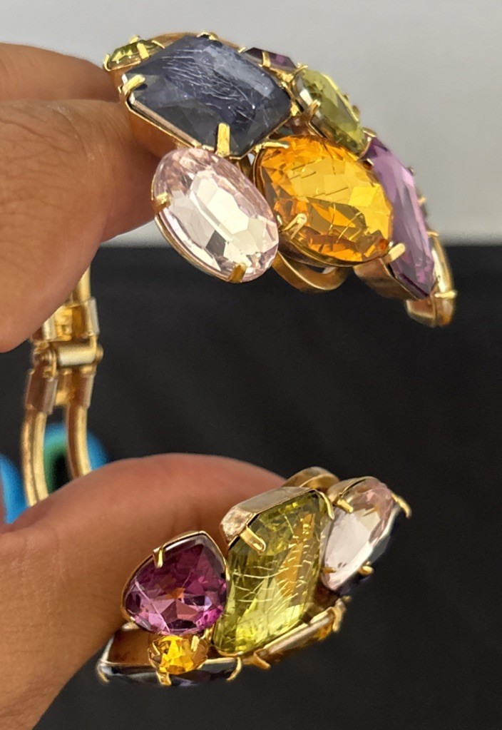 Vintage Gold Tone Plastic Resin Rhinestones Wide Hinged Bracelet Wow