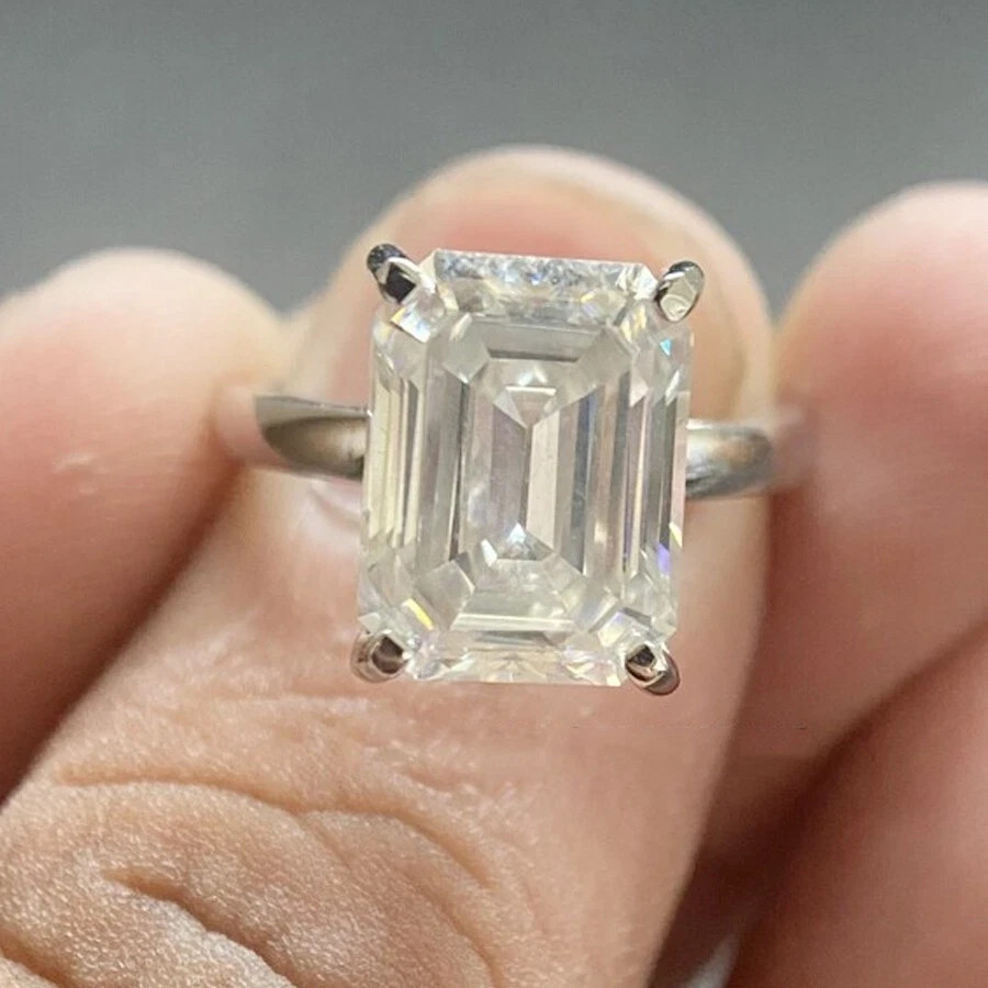 3.66 Ct Emerald Cut Moissanite Solitaire Engagement Ring 14K White Gold Plated