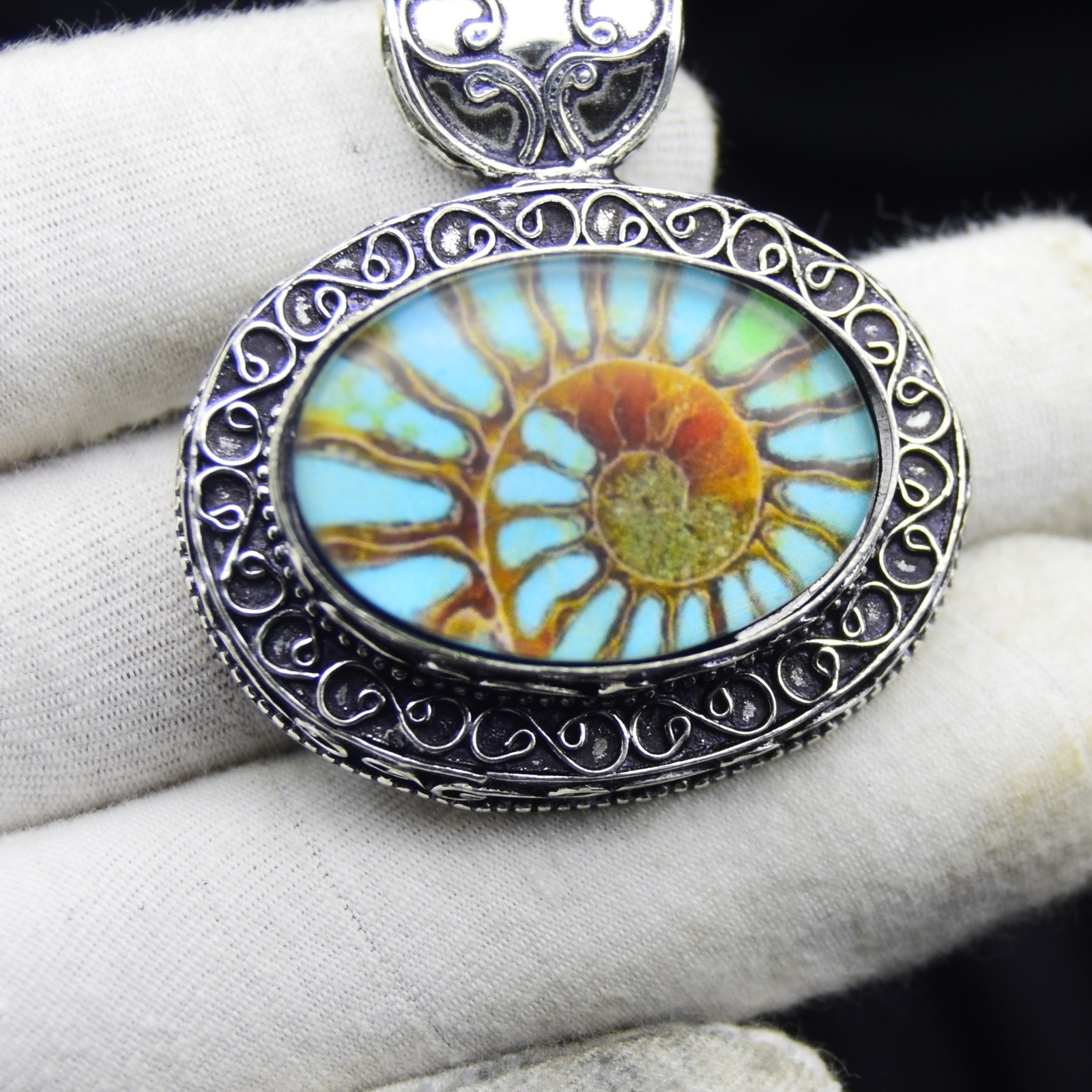 Ammonite Fossil Gemstone Pendant Handmade 925 Sterling Silver Jewelry 1.75″