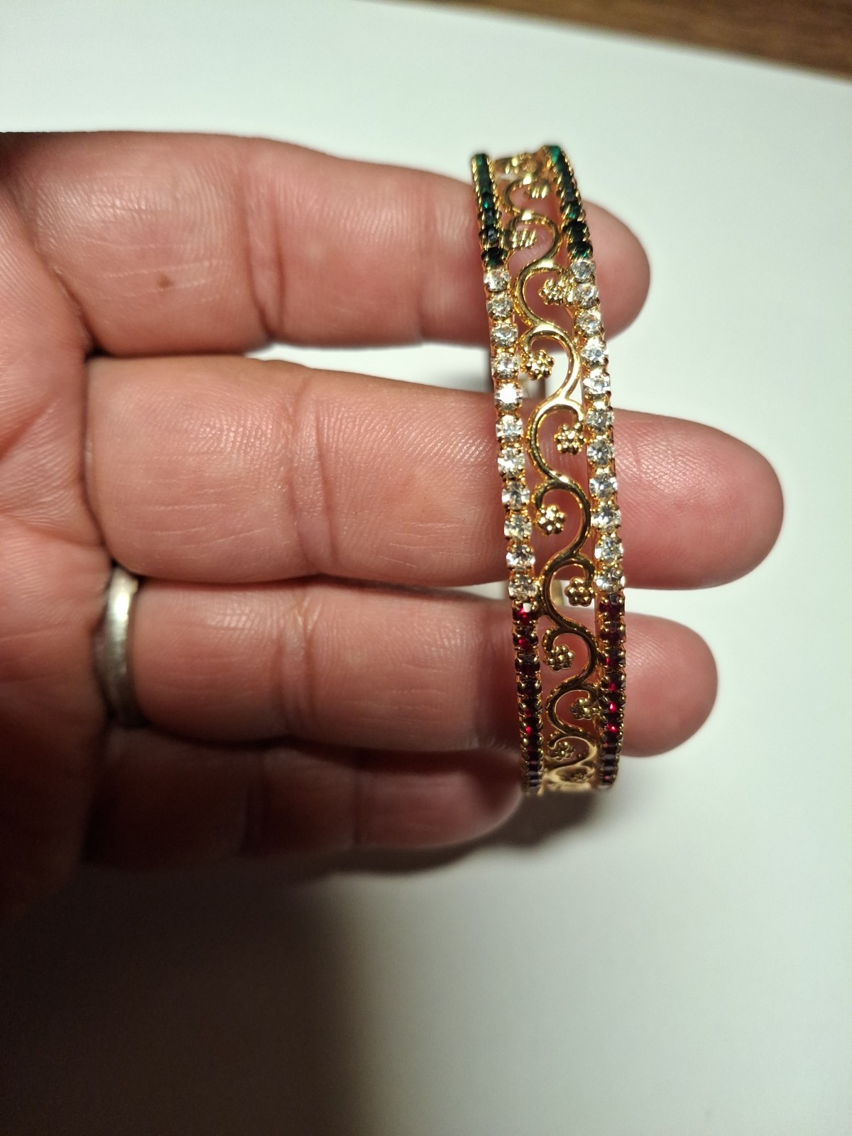 Gold Colored Bangle Bracelet With Red Green And White Gems