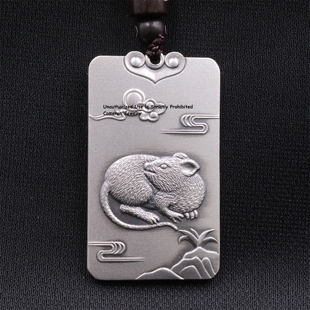 Pure S999 Fine Silver 999 Men Women Zodiac Mouse Oblong Pendant 29-30g 44*27mm