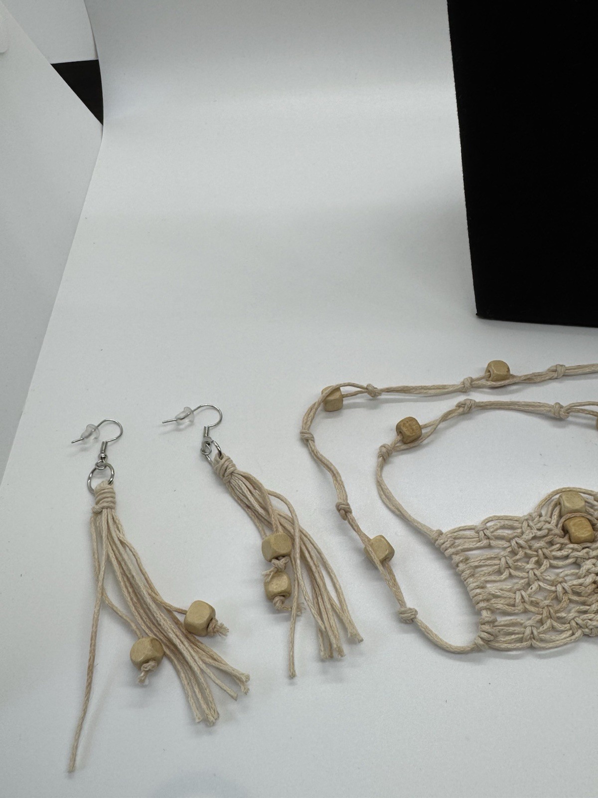Handmade Boho Macramé Fringe Necklace Adjustable Natural Wood Beads Artisan