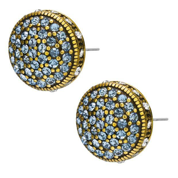 Heidi Daus “Belgium Disc” AQUAMARINE Crystal Button Earrings Pierced NWT $100