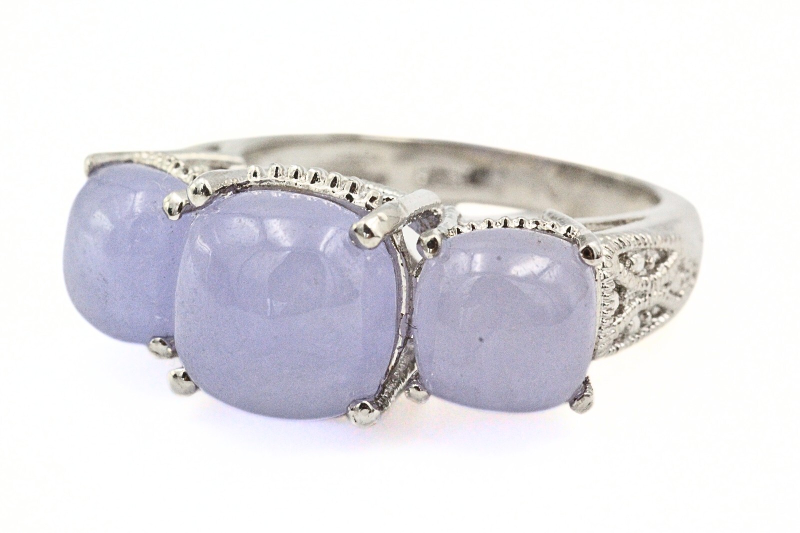 STS Karis Signed Contemporary Rhodium Plate 3 Stone Jade Ring Sz 7