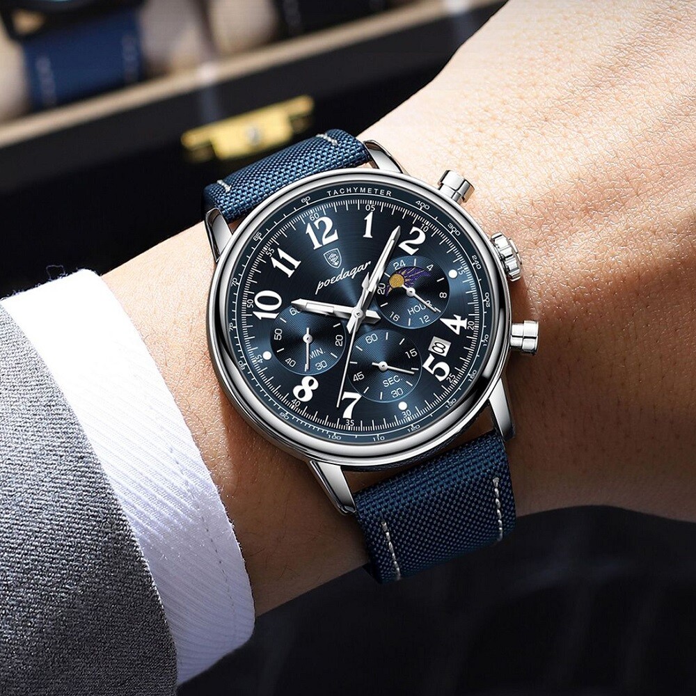 POEDAGAR Men Watch Nylon Leather Chronograph Wrist watch Waterproof Luminous