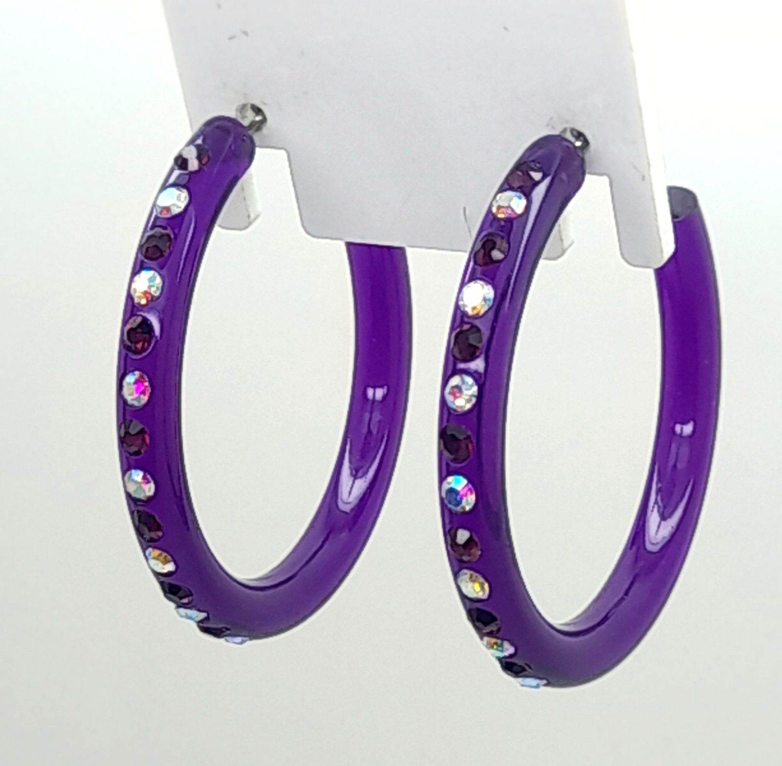 SLIM CLEAR PURPLE PLASTIC HOOP WITH PURPLE & AB RHINESTONE FASHION EARRINGS