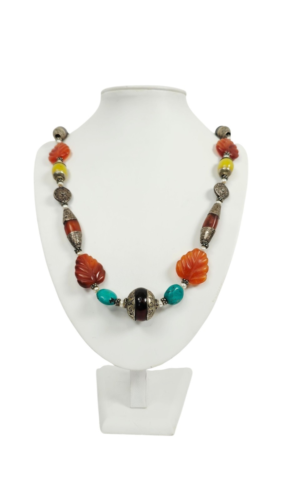 Vintage Tibetan Himalayan Tribal Beaded Statement Necklace Carnelian Turquoise