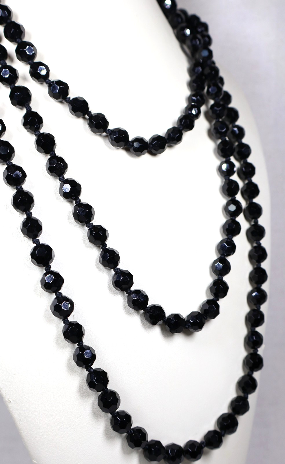 Vintage Art Deco French Jet Necklace 74″ Inch Length Faceted Black Beads
