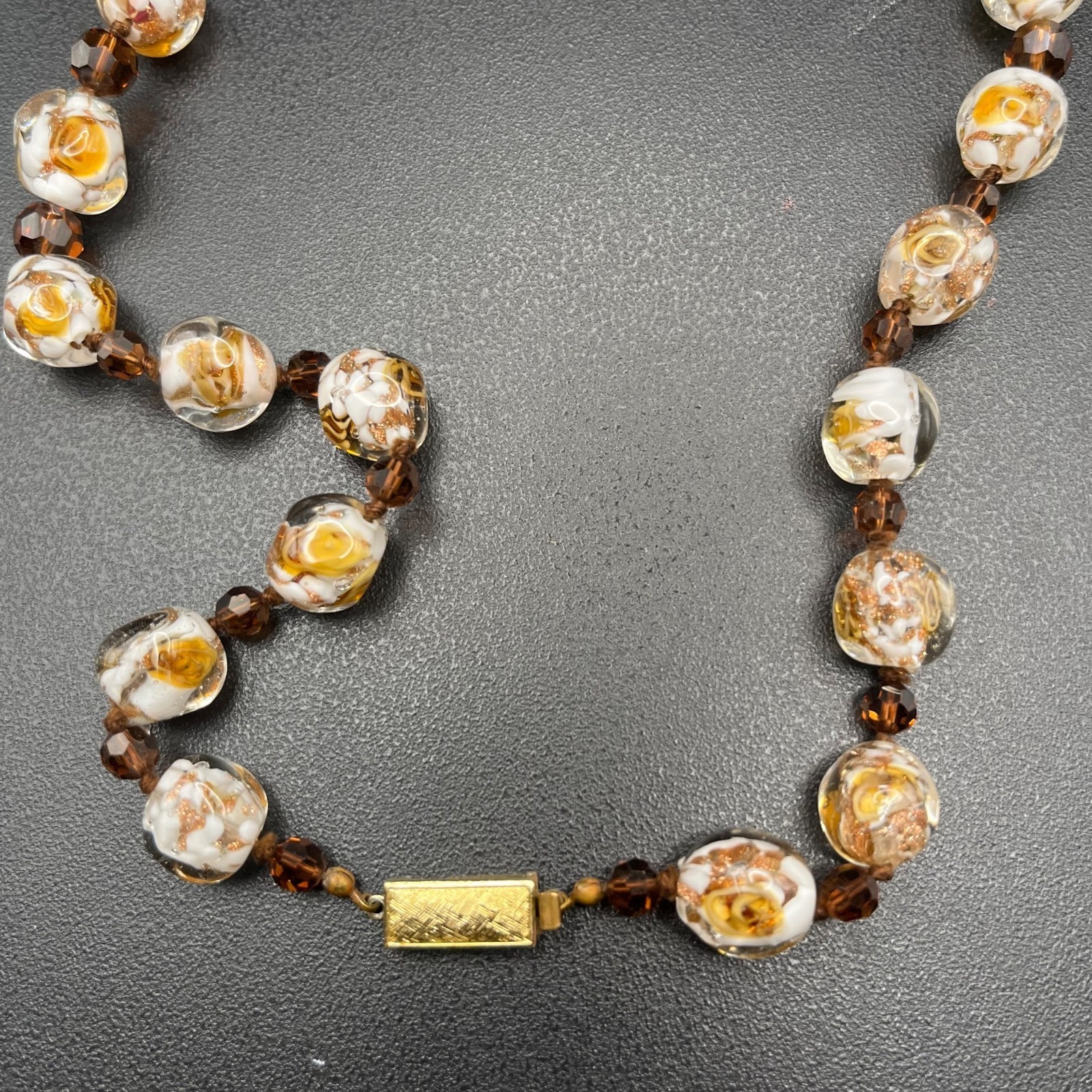 Vintage Art Glass Necklace Gold Foil Beads Lamp Work Smoky Brown Spacers 20″ WOW