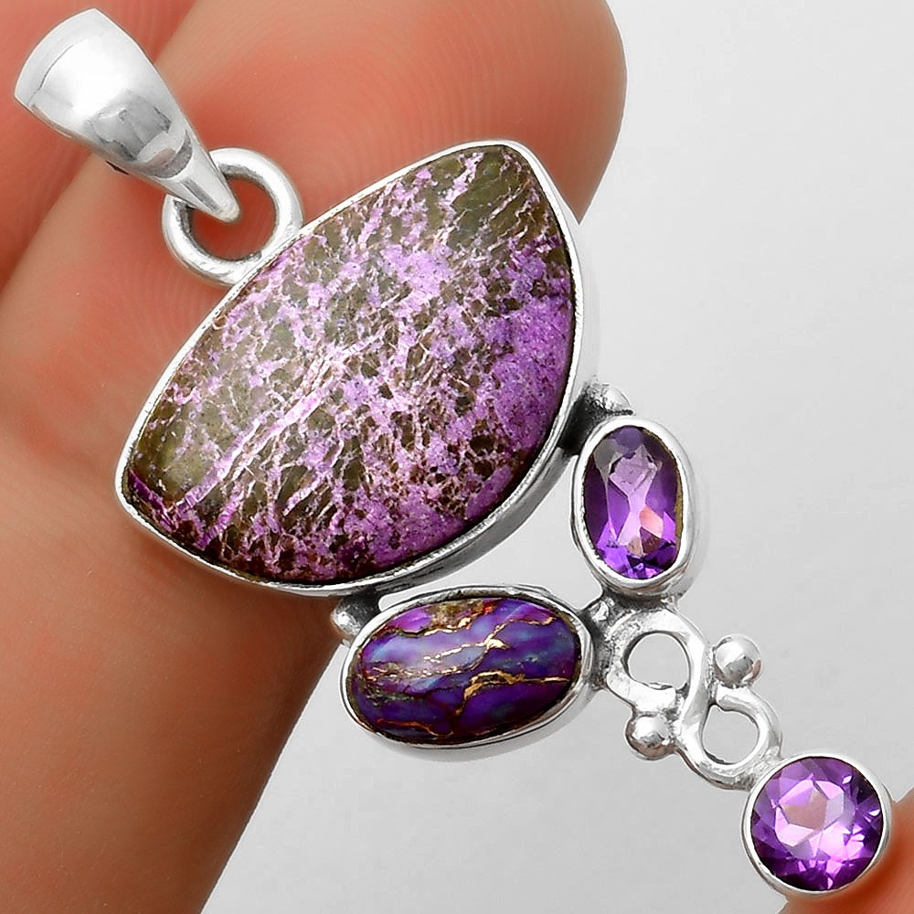 Purpurite, Copper Purple Turquoise & Amethyst 925 Silver Pendant Jewelry P-1602