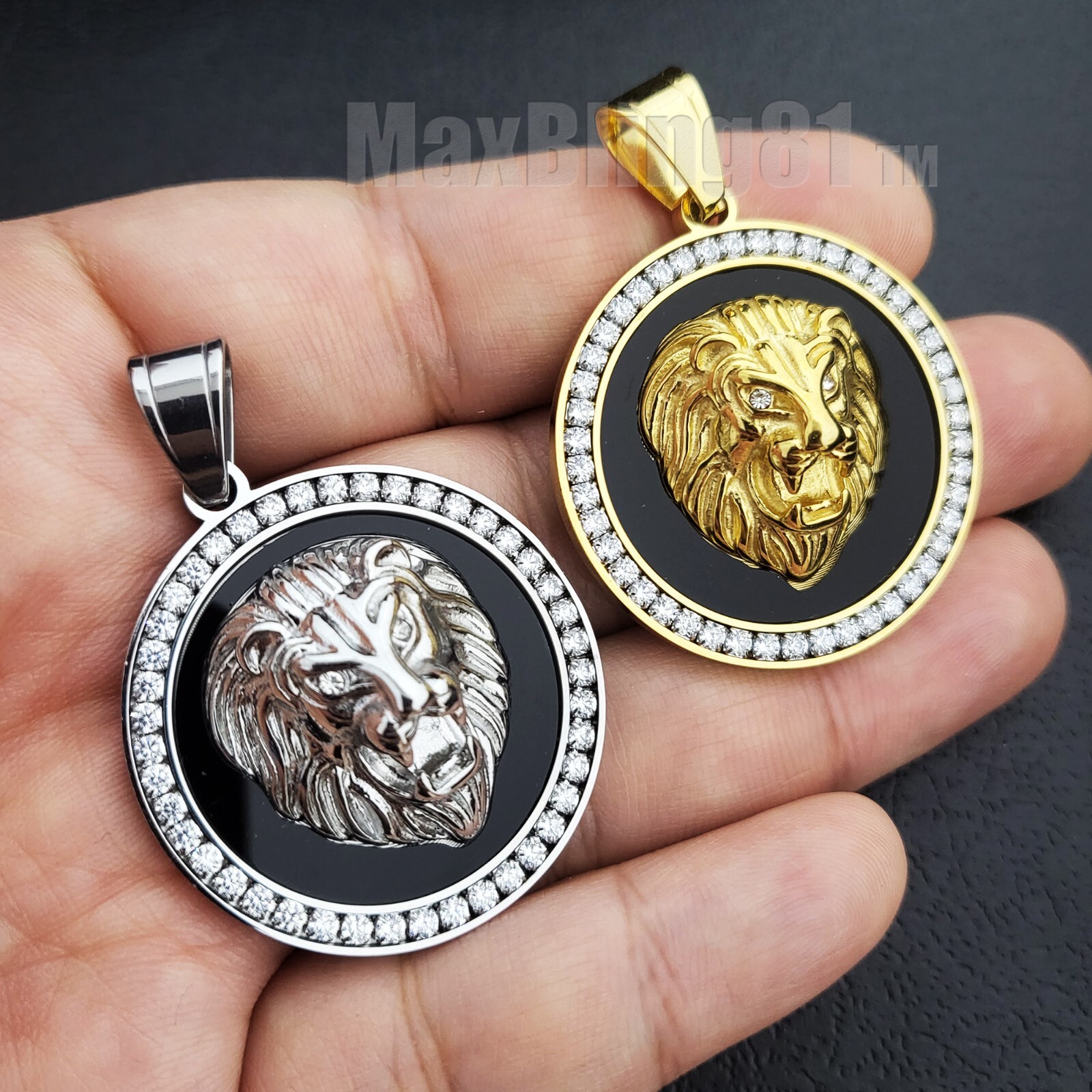 Hip Hop Stainless steel Gold Silver Tone Lion Head Medal Cubic Zirconia Pendant